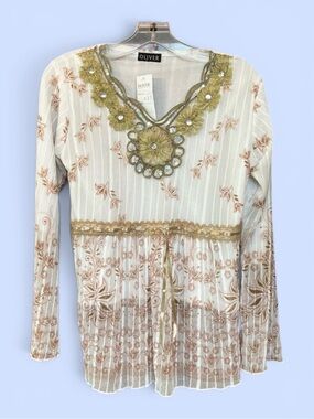 Italian Boho Peasant Top Blouse Floral‎ Embroidered Embellished NWT Oliver